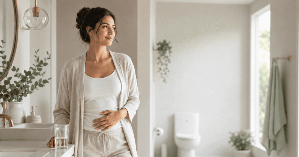 Mujer en un baño luminoso con un vaso de agua, representando la orina con olor fuerte y la importancia de la hidratación