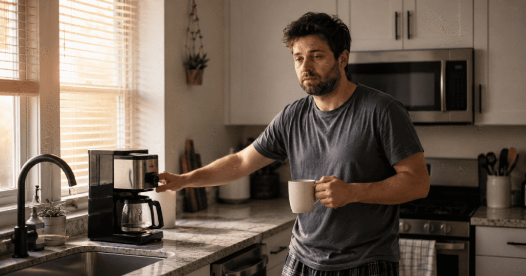 Hombre cansado preparando café por la mañana en una cocina